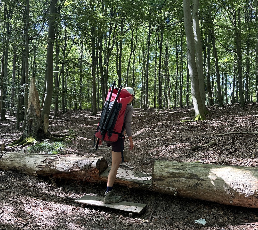 Vandrare som bär en packraft-ryggsäck genom skogen i Eifel